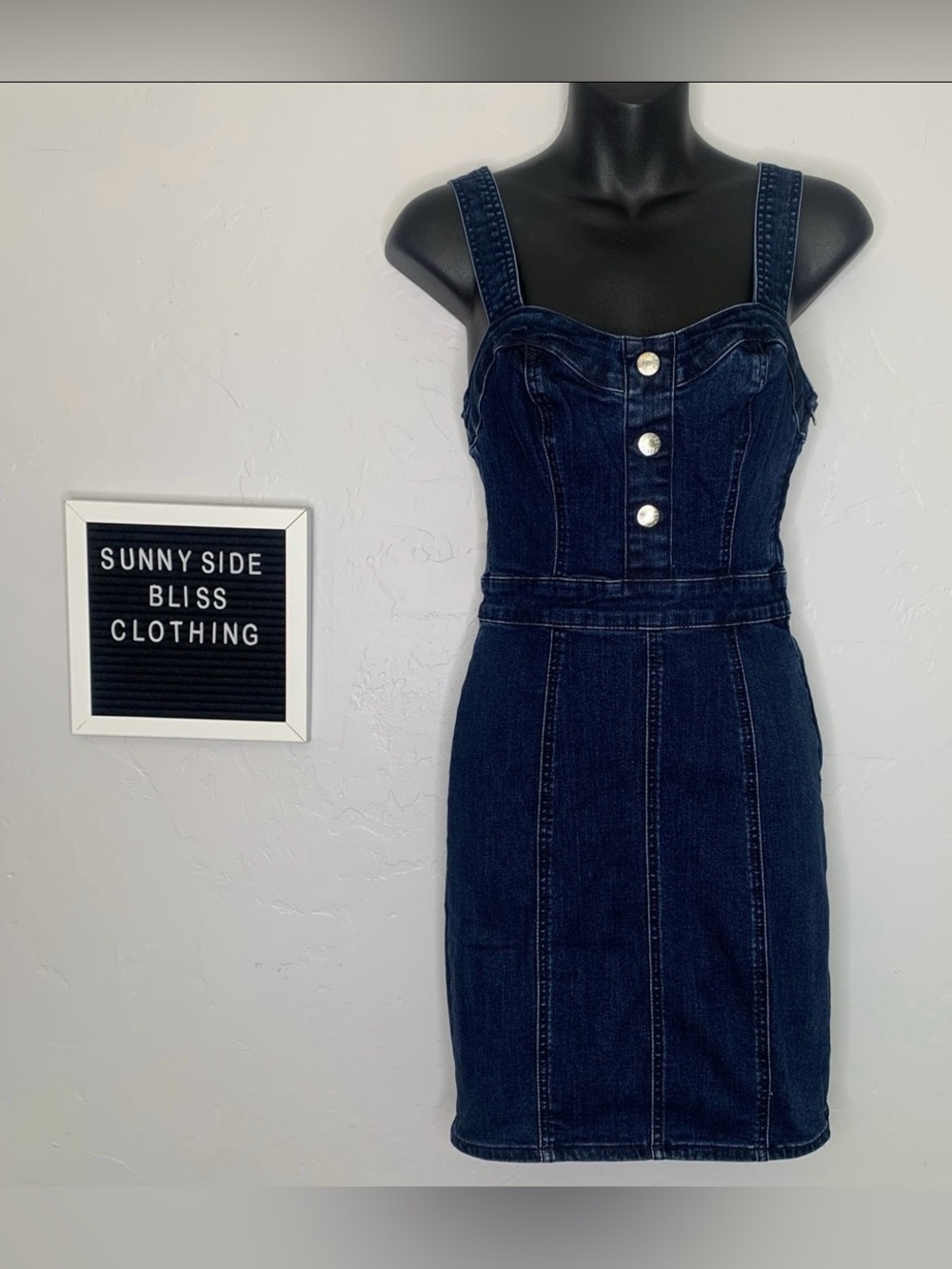 Guess Blue Denim Mini Dress XS Bodycon Button Front 90s Stretch Jean Dress